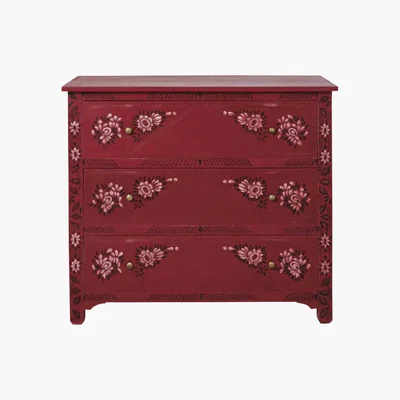 Maisons du Monde 3-drawer solid raspberry mango wood chest of drawers with floral motif Saori