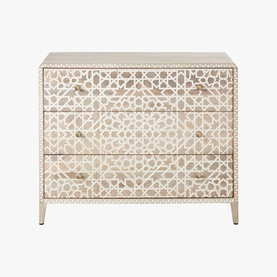 Maisons du Monde 3-drawer whitewashed carved solid mango wood chest of drawers Oudaya