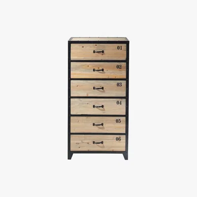 Maisons du Monde Indstrial Black Metal and Fir Wood 6-Drawer Tall Chest of Drawers Docks