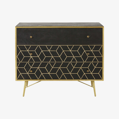 Maisons du Monde Gold Metal and Black Solid Mango Wood 3-Drawer Chest