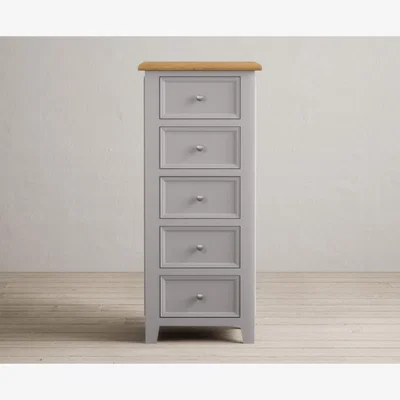 Oak&More Weymouth Oak and Light Grey Painted 5 Drawer Tallboy