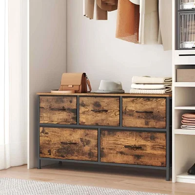 The Range 5 Drawer Fabric Dresser Storage Chest, Brown & Black - Rustic Brown, Ink Black