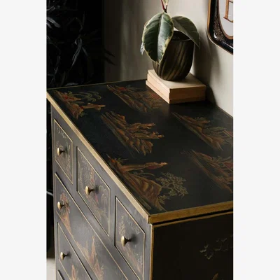 Rockett St George Black Chinoiserie-style Deco 6 Drawer Chest