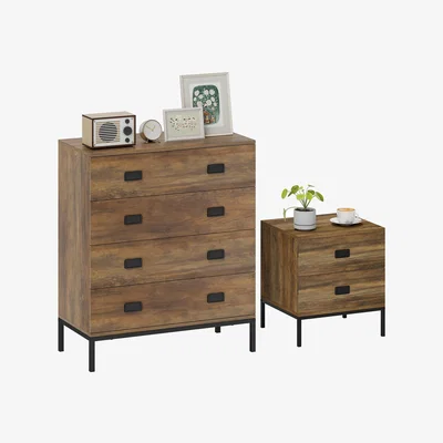 The Range HOMCOM Chest of Drawers, Bedside Table Set with Industrial Metal Frame - Brown