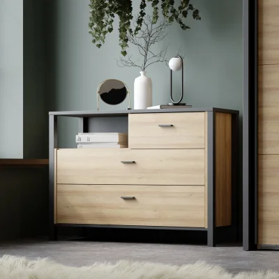 The Range High Rock Chest of 3 Drawers in Matt Black/Riviera Oak - Black & Riviera Oak