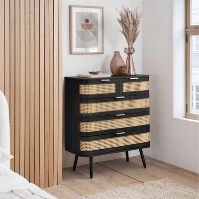The Range Rattan 5 Chest of Drawers Birlea Sark Black Mid Century Modern - Black
