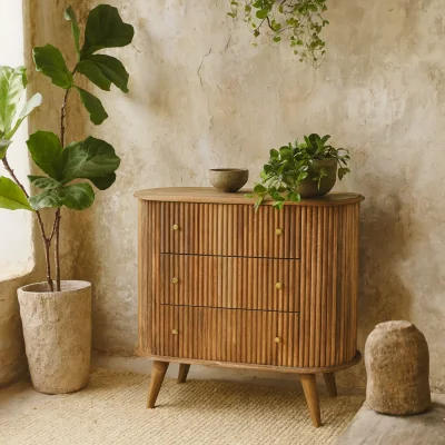 The Range Lecco Natural Mango Wood Chest of Drawers 3 Drawers Brass Knobs Nordic Legs - Brown