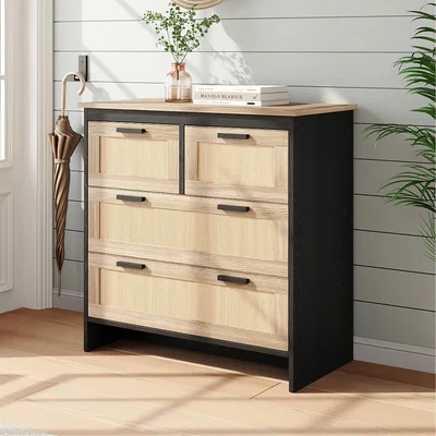 The Range Wooden Storage Chest of Drawer with Rattan Woven Texture - Beige+Black