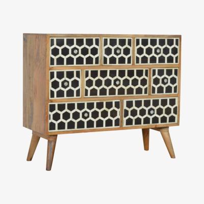 The Range Bone Inlay Chest with Geometric Design and Brass Handles - Oak and Black