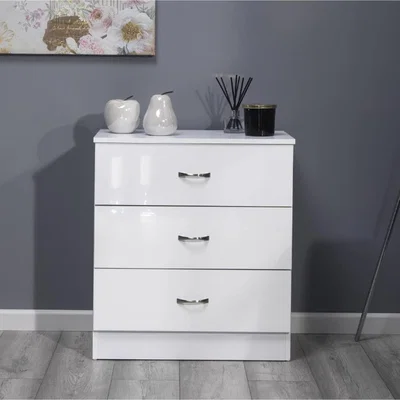 The Range High Gloss White 3 Drawer Chest Modern Furniture Curved Metal Handles - White Gloss