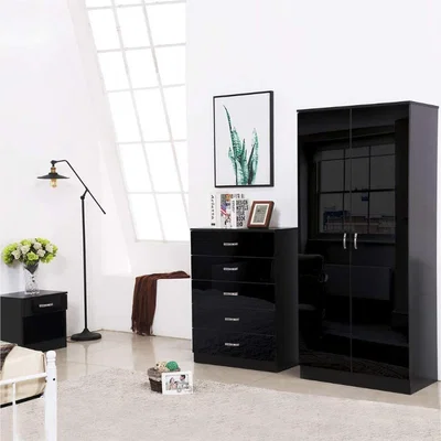 The Range High Black Gloss Modern 5 Drawer Chest Bedroom Storage Metal Handles - Black Gloss