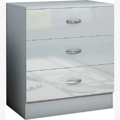 The Range High Gloss Grey 3 Drawer Chest Modern Furniture Curved Metal Handles - Grey Gloss