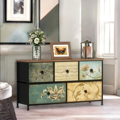 The Range 5 Fabric Drawer Bedroom Dresser With Floral Patterns Storage Organiser - Rustic Brown