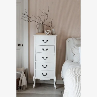 The Range Juliette Tallboy Narrow Chest of Drawers - White / swan shape metal handles