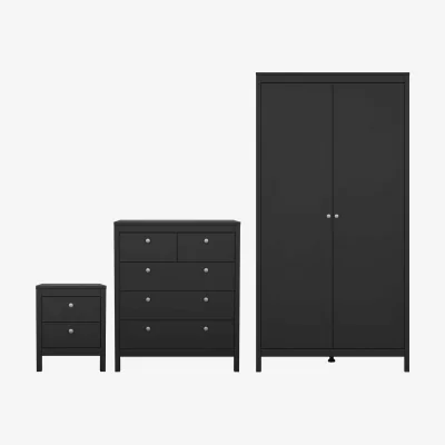 The Range Wyld Haus Gossmere Matt Black 3-Piece Bedroom Set - Bedside Table, Chest of Drawers, 2-Door Wardrobe - Black