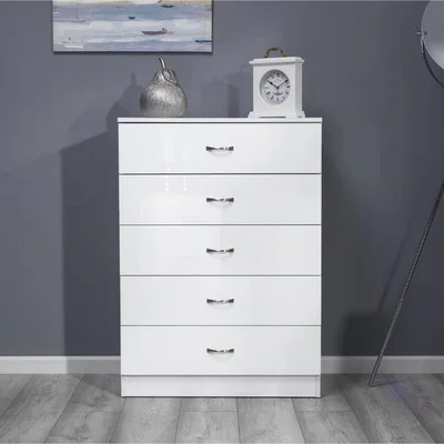 The Range Modern Contemporary 5 Drawer Chest, White Gloss  Metal Handles - White Gloss