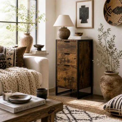 The Range Miri Rustic Brown Industrial 3-Drawer Chest with Black Metal Accents