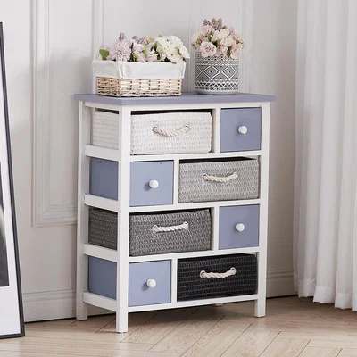 The Range Storage Chest with Drawers and Wicker Baskets - Blue / 68.5cm