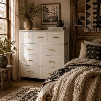 The Range Tafi Metal and Fabric 9-Drawer Boucle Storage Chest Cream White
