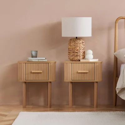 The Range Pair of 1 Drawer Oak Wooden Fluted Bedside Axel Birlea - Oak