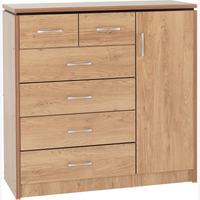 The Range Charles 1 Door 6 Drawer Chest Oak Effect Veneer with Walnut Trim - Oak Effect Veneer