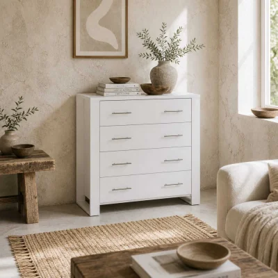 The Range Moyota 4-Drawer Chest in White with Silver Metal Handles
