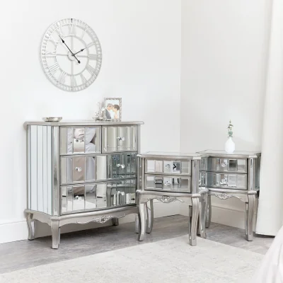 The Range Bedroom Furniture, Silver Mirrored Chest Of Drawers & Pair Of Bedside Tables - Tiffany Range