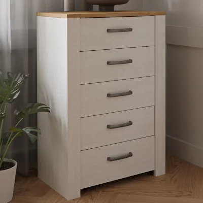 The Range Bohol 5 Drawer Narrow Chest in Riviera Oak/White - Riviera Oak & White