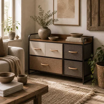 The Range Zini Brown 5-Drawer Linen-Feel Dresser with Steel Frame and Wood-Effect Top