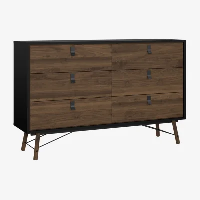 The Range Ry Wide Double Chest of Drawers 6 Drawers in Matt Black Walnut - Black Walnut