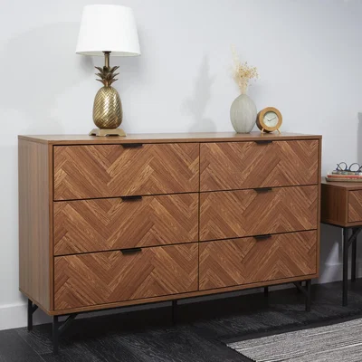 The Range Dark Chevron Chest of 6 Drawers with Metal Legs - Brown