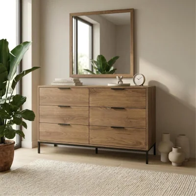 The Range Decortie Mars 6 Drawer Wide Chest of Drawers with Metal Legs - Whiskey Oak