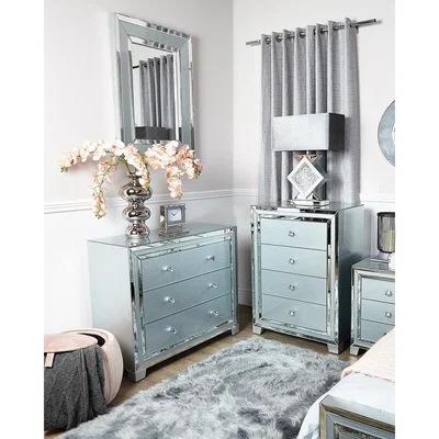 Teddy Beau Deco Home Madison Grey Glass 4 Drawer Mirrored Cabinet Chest of Drawers