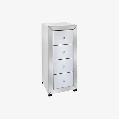 Teddy Beau Deco Home Arctic White Mirrored Glass 4 Drawer Tallboy Chest Of Drawers
