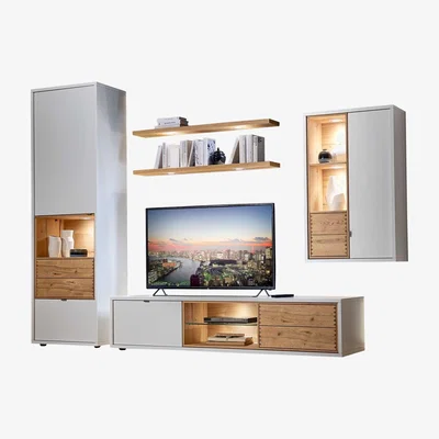 Barker and Stonehouse Macao TV Wall Unit Santana Oak/ Lacquer Crystal White Matt | Barker & Stonehouse