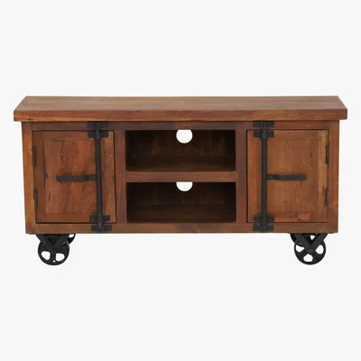 Barker and Stonehouse Little Tree Furniture Hyatt Reclaimed Wood TV Unit on Wheels, Dark Finish