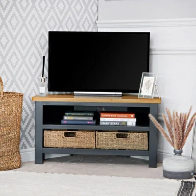 Chiltern Oak Furniture Salisbury Blue Painted Oak Corner TV Unit with Wicker Baskets