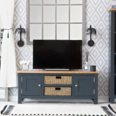 Chiltern Oak Furniture Salisbury Blue Painted Oak Large TV Unit with Wicker Baskets