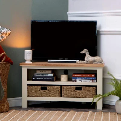 Chiltern Oak Furniture Salisbury Ivory Painted Oak Corner TV Unit with Wicker Baskets