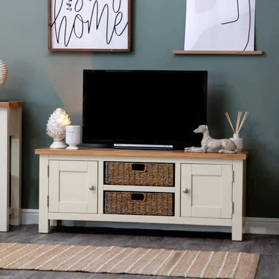 Chiltern Oak Furniture Salisbury Ivory Painted Oak Large TV Unit with Wicker Baskets