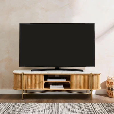 Dunelm Alina Fluted Wide TV Unit, Mango Wood Brown