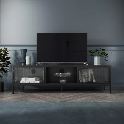 Dunelm Stannis Wide TV Unit Black, Ribbed Glass Black