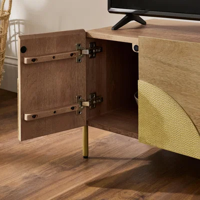 Dunelm Zaneta Small TV Unit For TVs up to 42, Mango Wood and Brass Blue