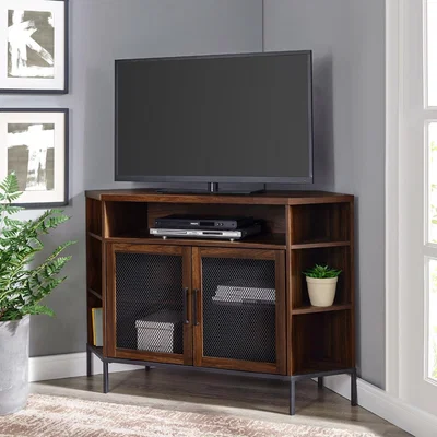 Furniture123 Industrial Mesh Door Corner TV Unit - Dark Walnut