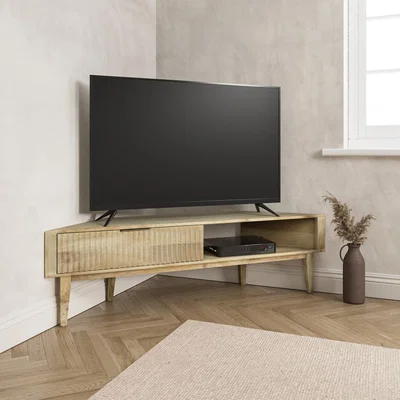 Furniture123 Large Solid Mango Fluted Wood Corner TV Stand with Storage - TV's up to 55 - Linea
