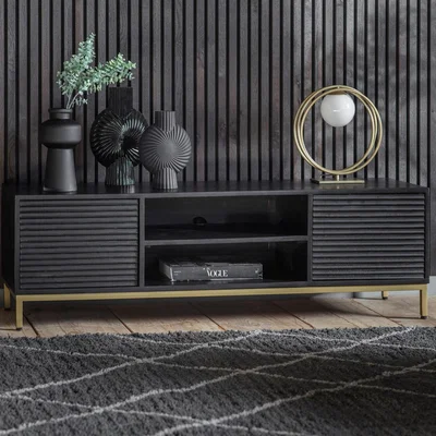 Furniture123 Riley Rippled Media Unit in Black with Gold Legs - Caspian House