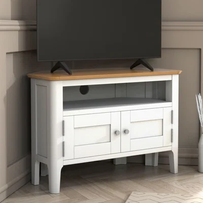 Furniture123 Corner TV Unit in White & Solid Oak with Storage - TV's up to 32 - Adeline