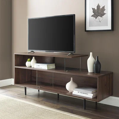 Furniture123 Walnut Effect Open TV Stand with Glass Panels - TVs up to 66 - Foster