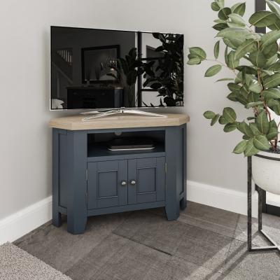 Furniture123 Navy Solid Oak Corner TV Unit with Storage - TV's up to 43 - Pegasus