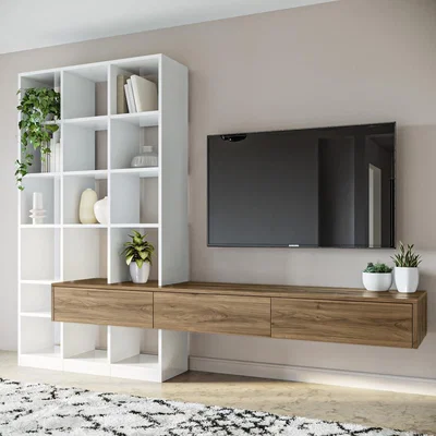 Furniture123 Oak and White Gloss Floating TV Unit with Storage Shelves - TV's up to 83 - Everett